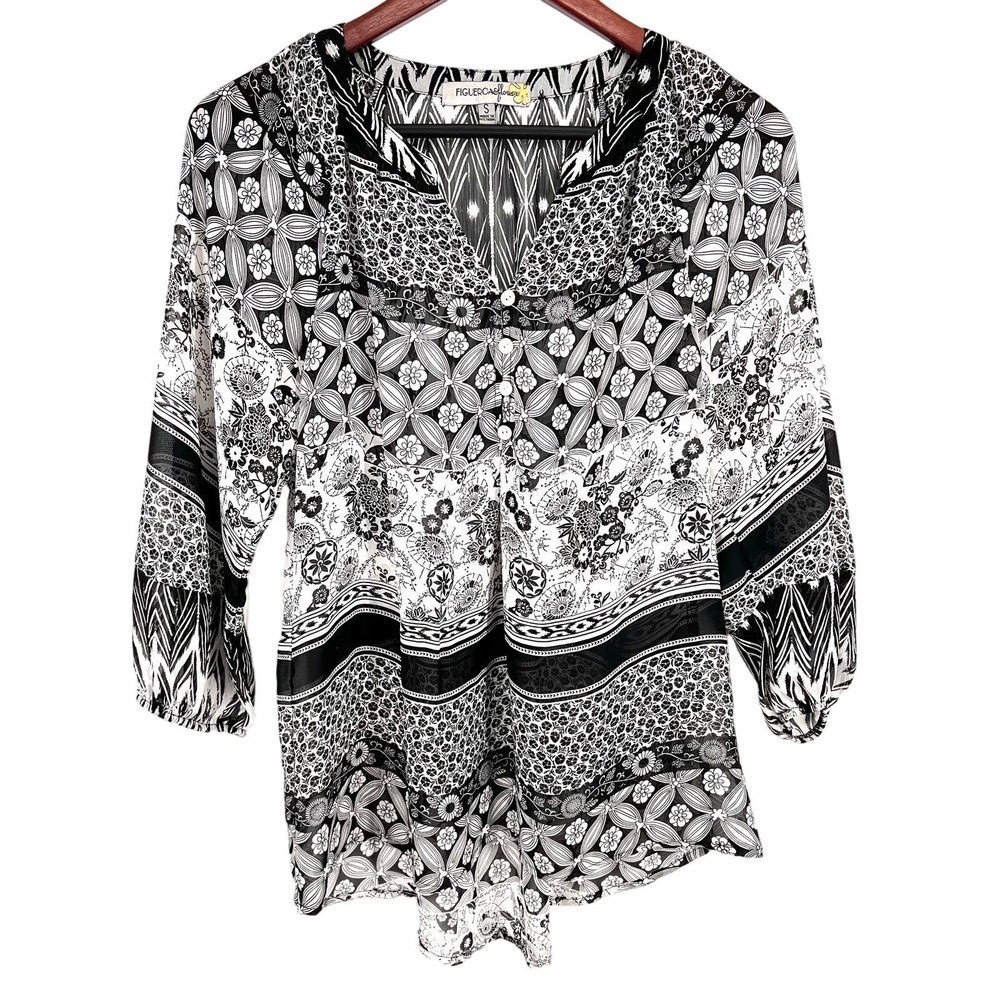 Figueroa & and Flower SMALL Black White Boho Blouse Shirt Top